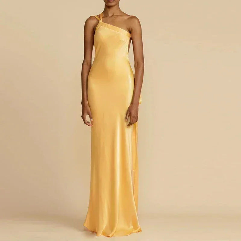 Robe de soirée sexy printemps 2024, épaule inclinée, taille haute, en satin, style bohème, longue, pour femme, dos nu, creuse, avec bandage, maxi