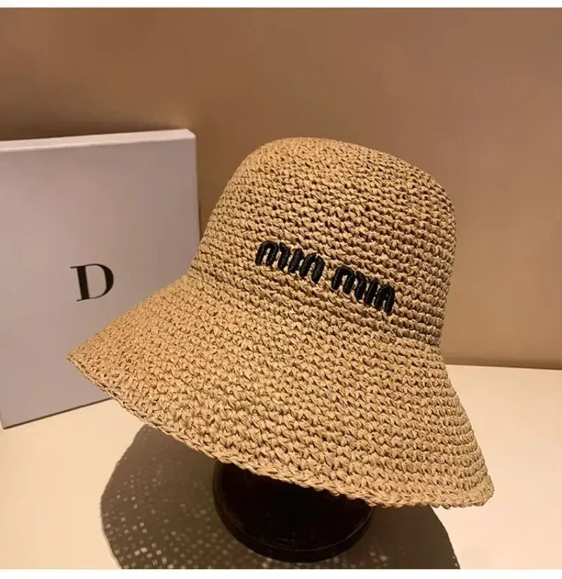 Chapeau de soleil en paille pour femmes 2025, grand bord large, pliable, pour la plage, style créateur, seau coréen pour l'extérieur