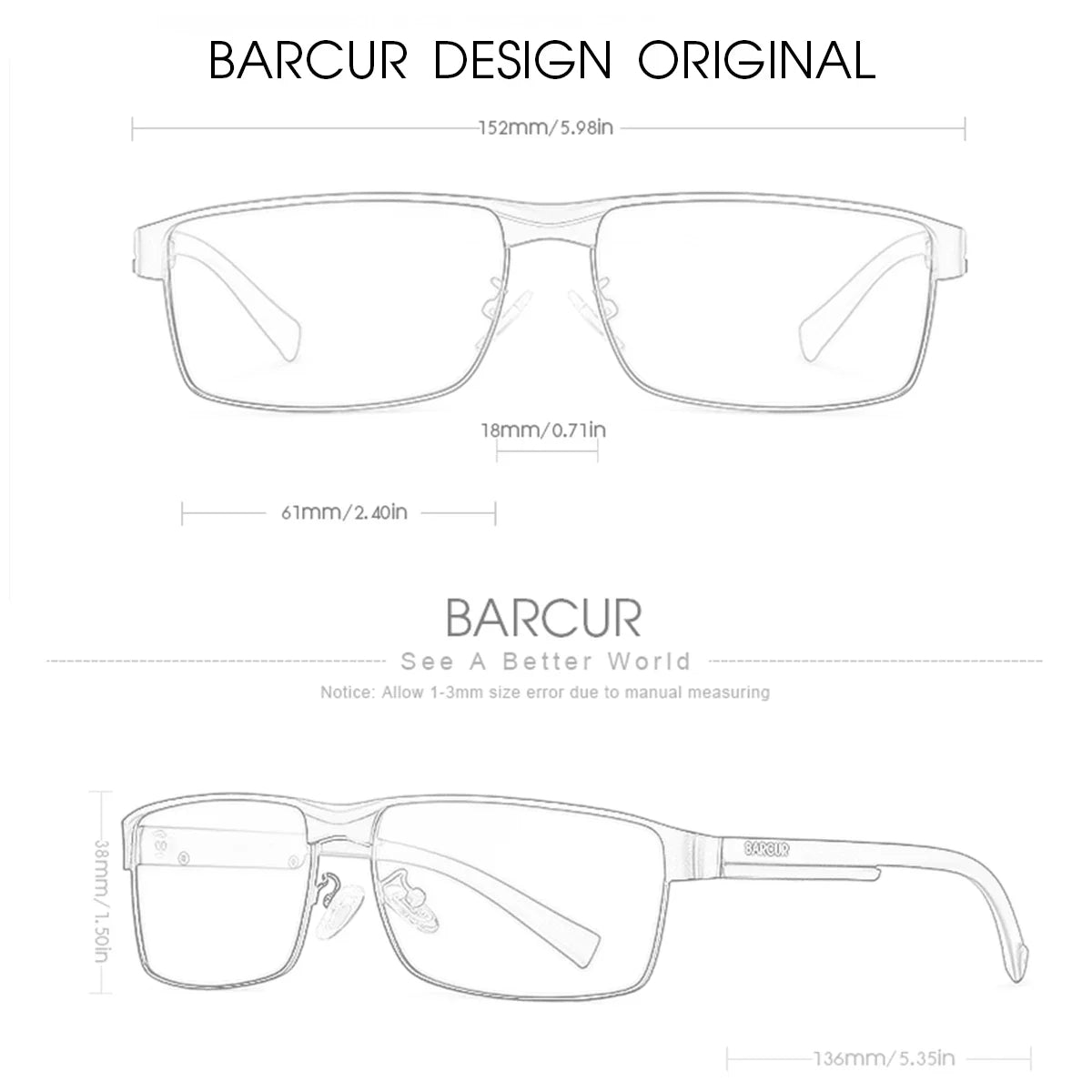BARCUR Lunettes de Soleil Homme Rectangle Original Tendance Affaires – Polarisées Protection UV400 pour Conduite Randonnée Sports et Usage Quotidien – Lunettes Tendance Oculos De Sol avec Verres TAC Anti-Reflet