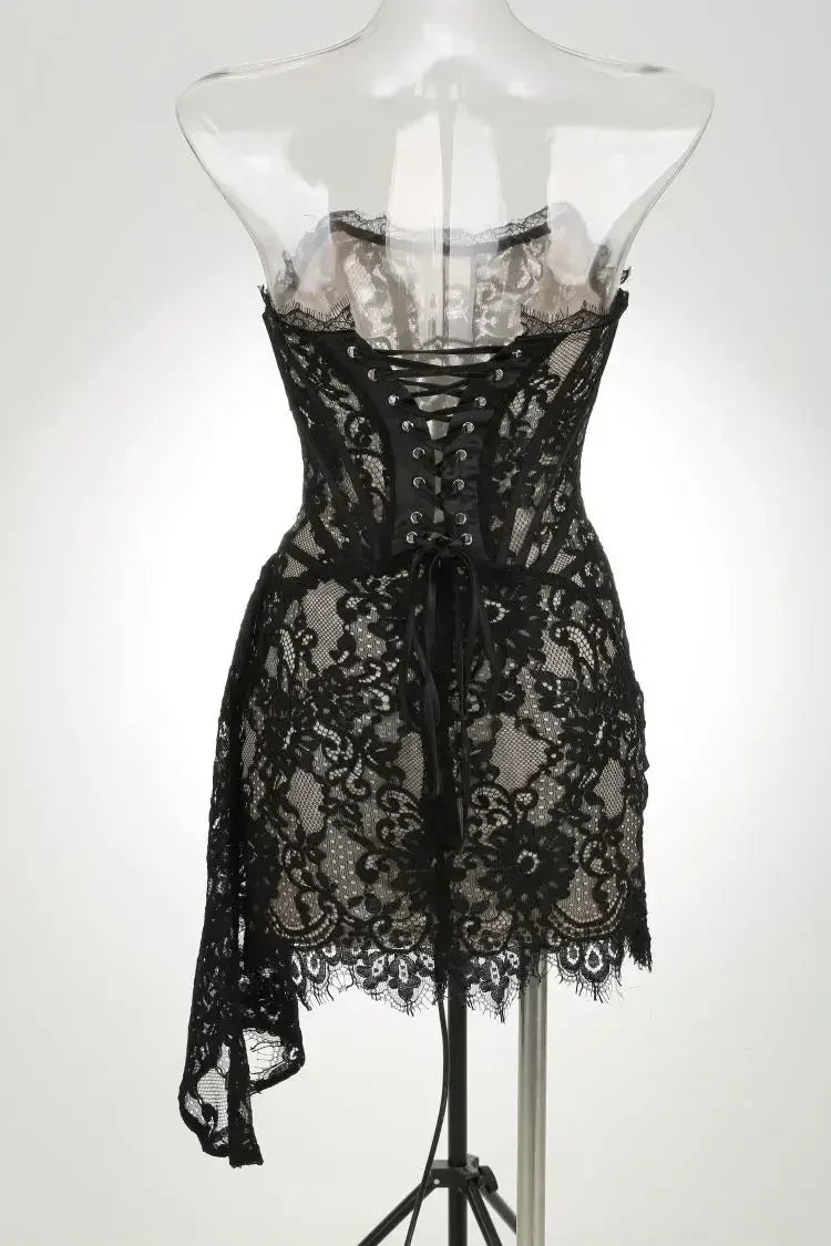 TARUXY Robe Corset Sexy en Dentelle Transparente et Patchwork, Robe Moulante Élégante de Soirée, Mini Robe Irrégulière pour Femme, Robe Bustier Nouvelle Collection