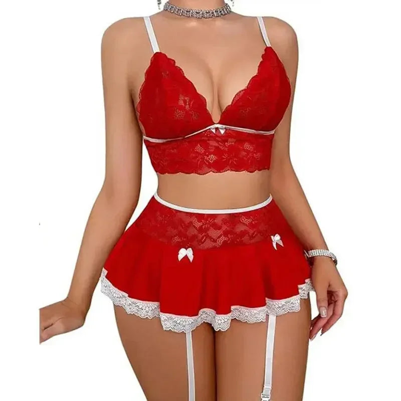 Lingerie Tentation Cosplay Uniforme Soutien-gorge et culotte transparents Porte-jarretelles Ensemble de sous-vêtements Robe Tenue sexy Costumes Nuisettes String