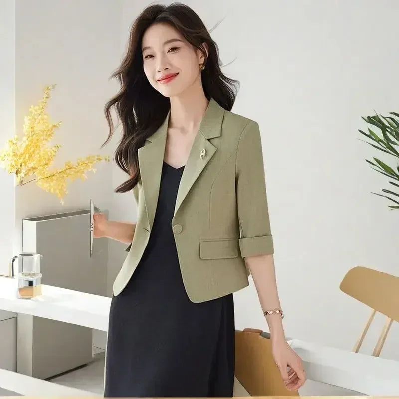 Blazer court noir pour femme – Veste slim de bureau – Design haut court printemps été – Manteaux décontractés pour femme – Un bouton