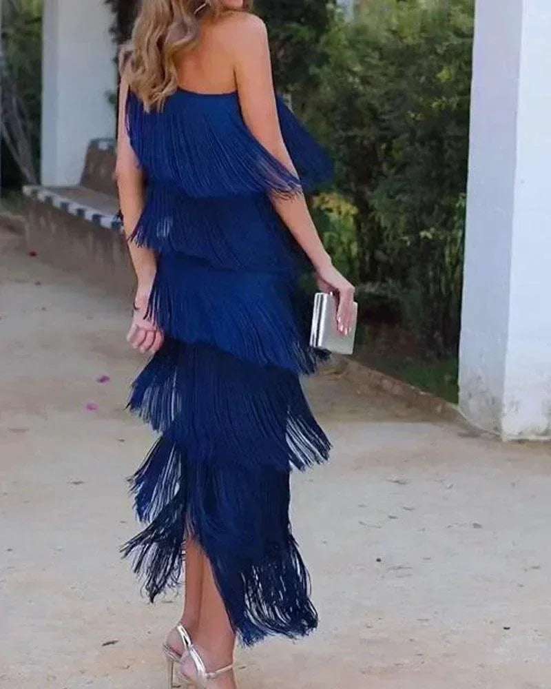 Robe asymétrique à franges, épaule dénudée, nouvelle collection Printemps-Été pour femme