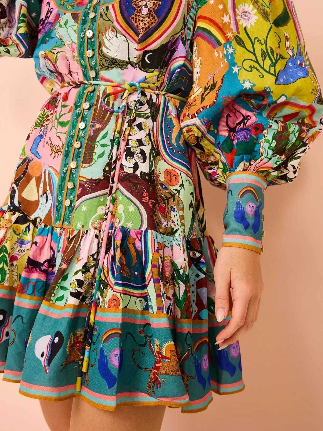 Robe cardigan plissée rétro à col rond imprimé 2025 avec taille cintrée, bretelles et ourlet volanté, polyvalente et élégante