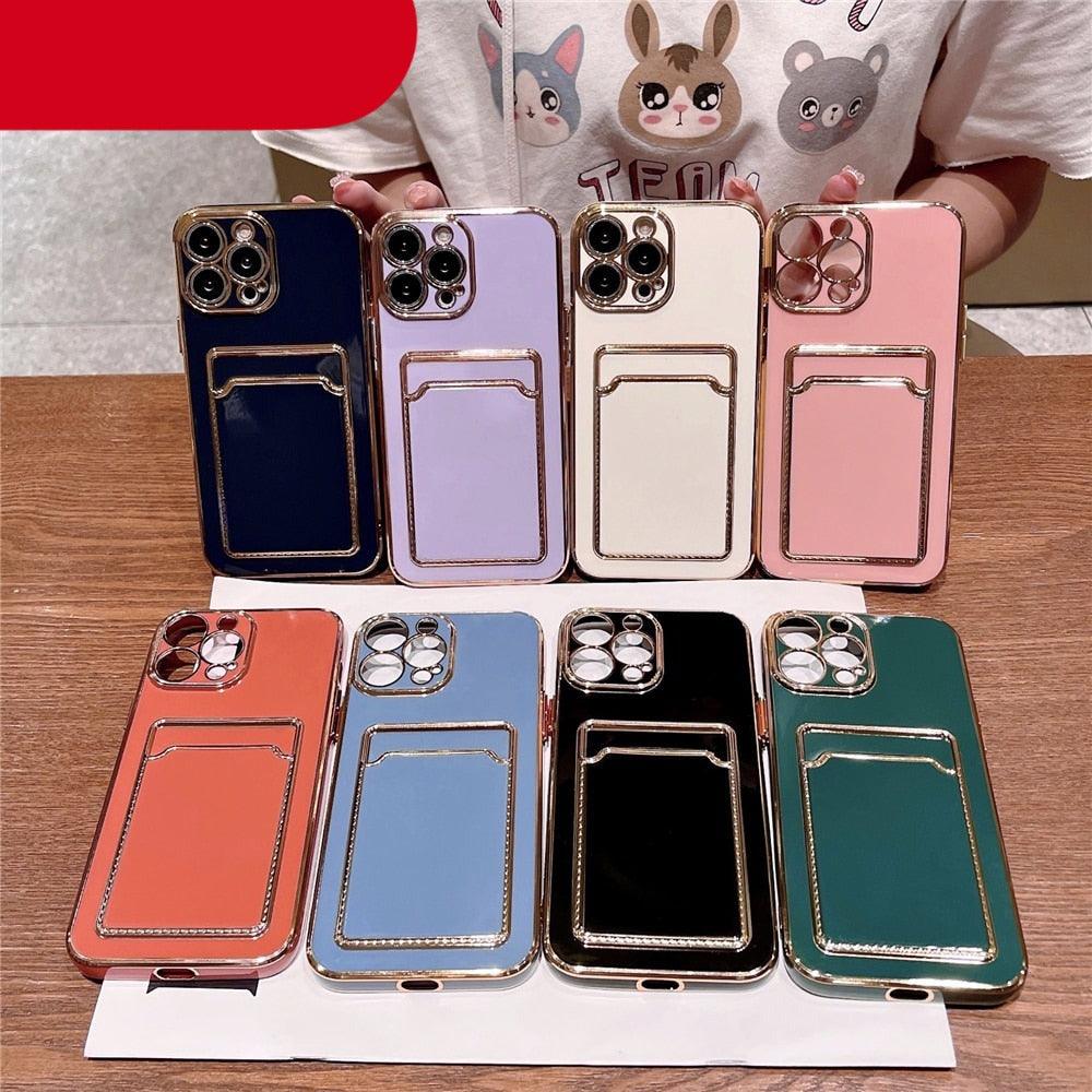 Étui de luxe plaqué en silicone avec porte-cartes pour iPhone 14 12 13 Pro Max Élégant pour femme Étui portefeuille souple antichoc Bords souples Magnifique étui pour smartphone brillant pour femme