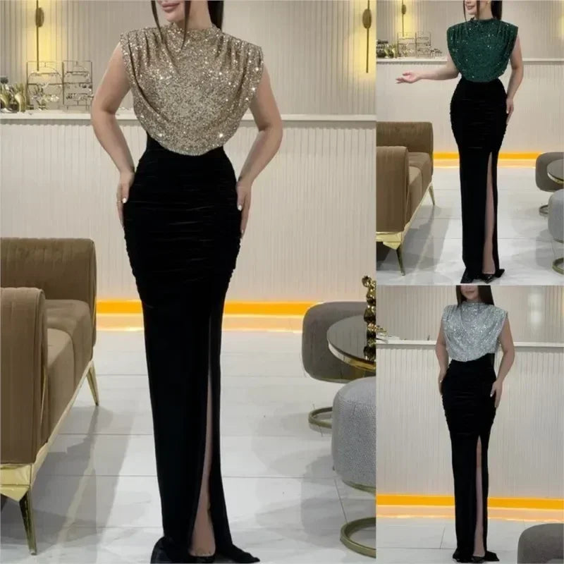 Robe longue élégante à taille haute, robe de soirée décontractée à col rond sans manches pour femme, drapée fendue, épissure à sequins, nouvelle collection 2025