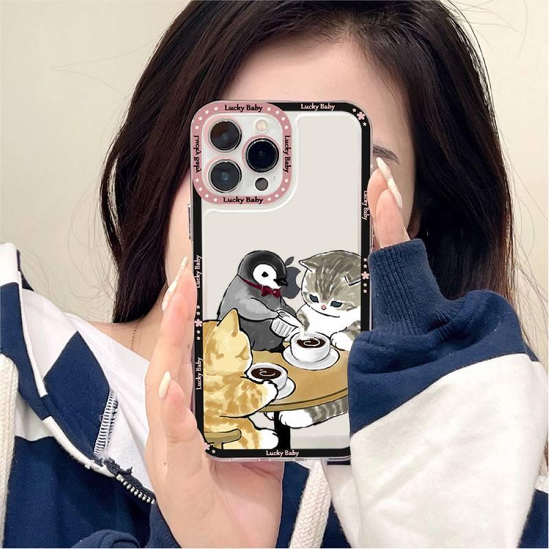 Coque de téléphone mignonne motif chat pour iPhone 11 12 13 Mini Pro Max 14 Pro Max Coque en forme de dessin animé Housse souple transparente Coque ultra fine flexible anti-rayures pour iPhone