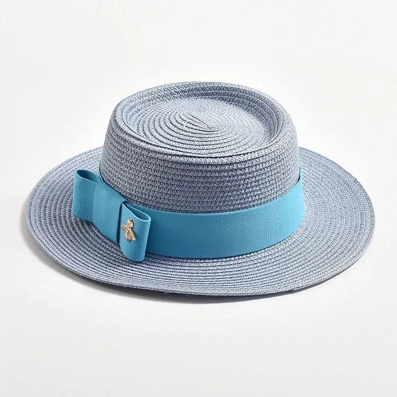 NOUVEAUX Chapeaux de paille Printemps Été pour femmes Surface ronde bosselée Dessus plat Nœud Papillon Robe Casquette Voyage Plage Soleil Chapeau Gorra