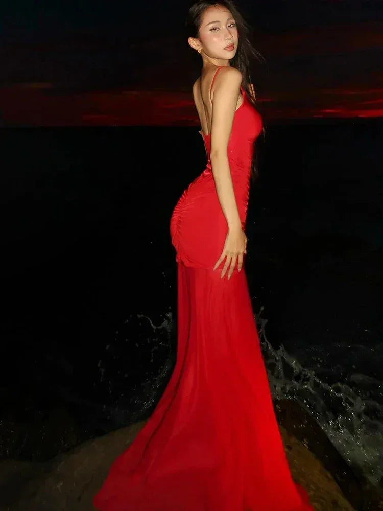 Robe longue sexy et évidée pour femmes, col bas, épaules dénudées, dos nu, ourlet transparent en maille, tenue de vacances élégante pour la plage ou les soirées