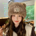 Bonnet tricoté en laine avec lettres et oreilles d'ours – Bonnet mignon à oreilles de chat pour femmes