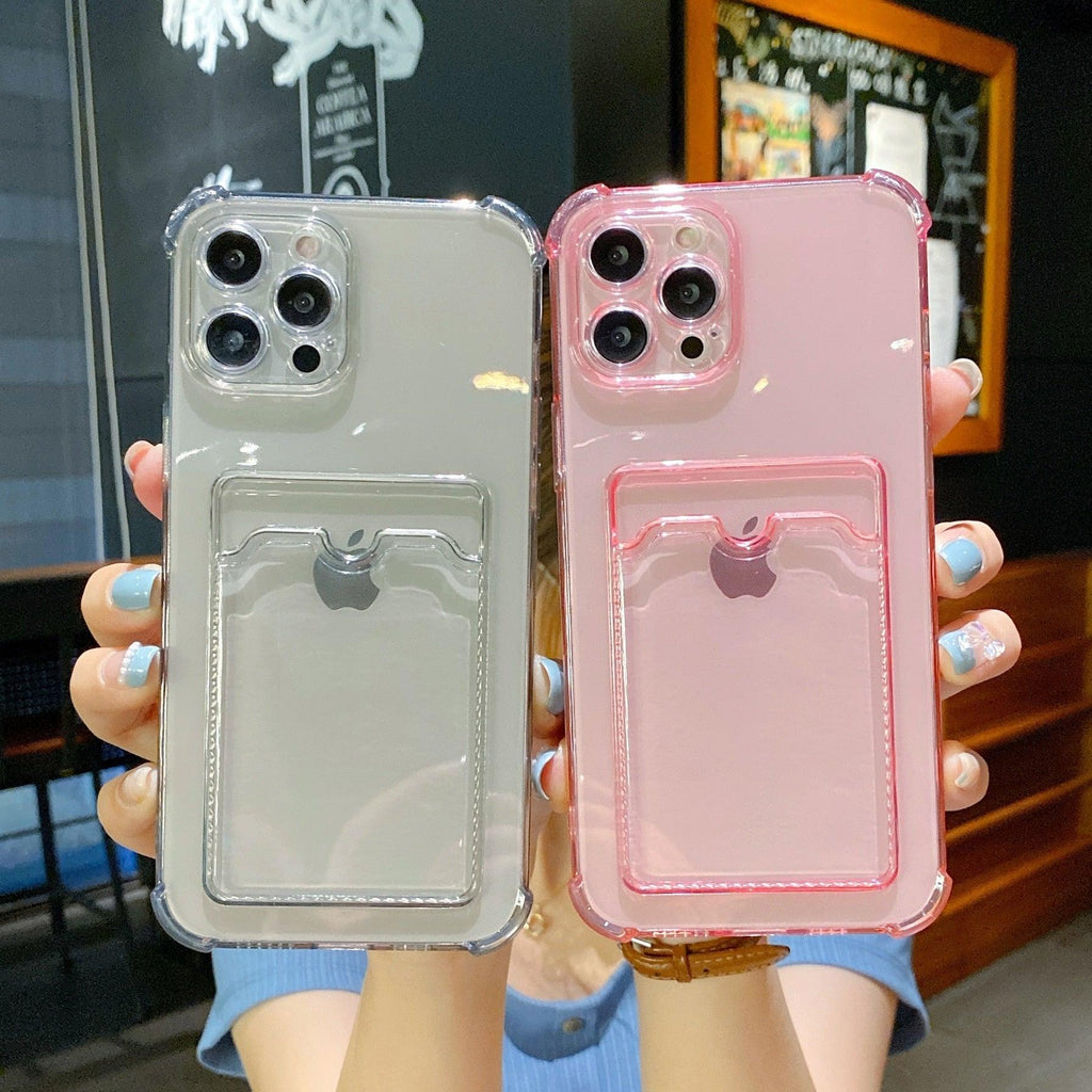 Coque de téléphone pour iPhone 12 13 14 Mini Coque pour iPhone Étui mignon en silicone souple avec porte-cartes Transparent Robuste Housse de protection arrière en cristal transparent avec pare-chocs antichoc