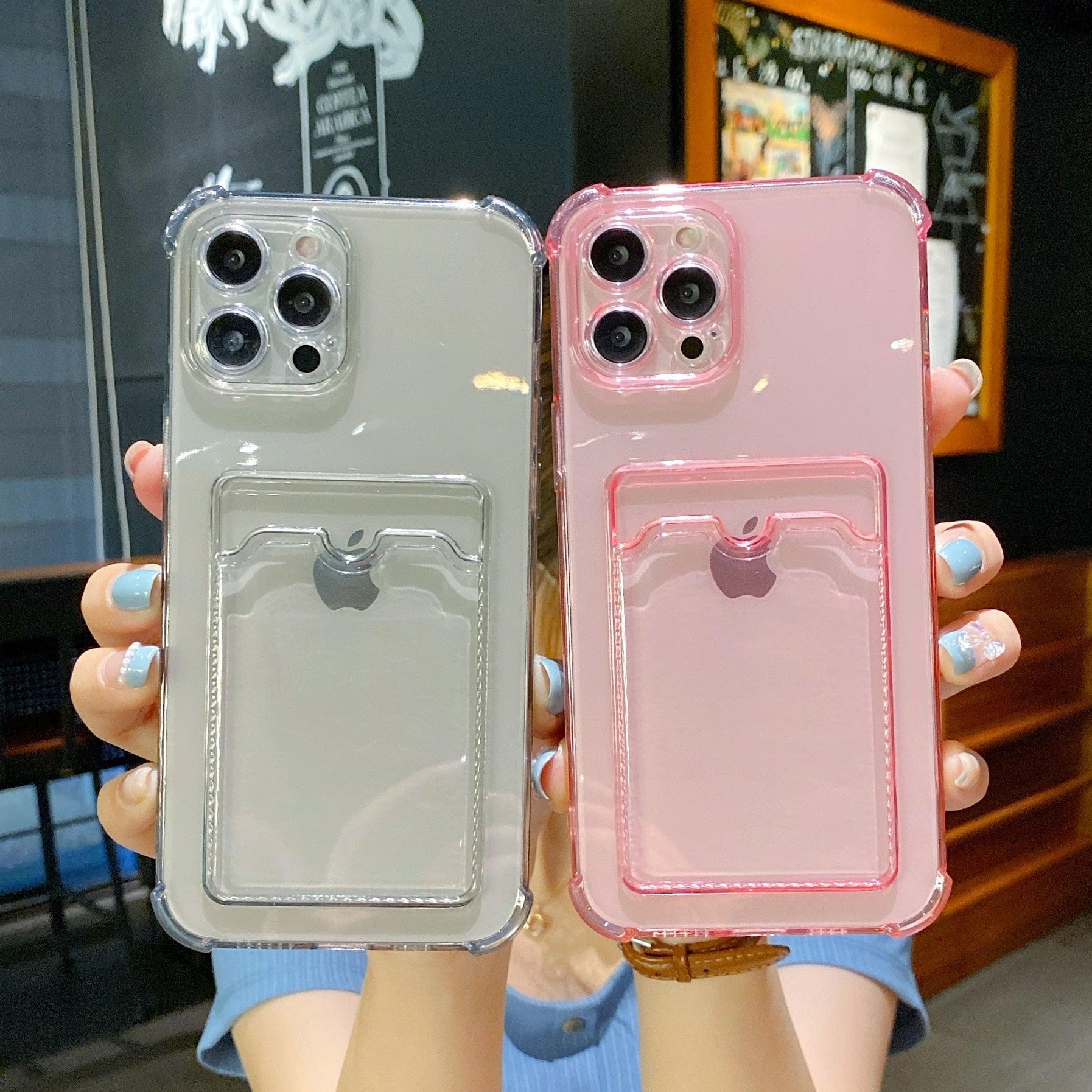 Coque de téléphone pour iPhone 12 13 14 Mini Coque pour iPhone Étui mignon en silicone souple avec porte-cartes Transparent Robuste Housse de protection arrière en cristal transparent avec pare-chocs antichoc