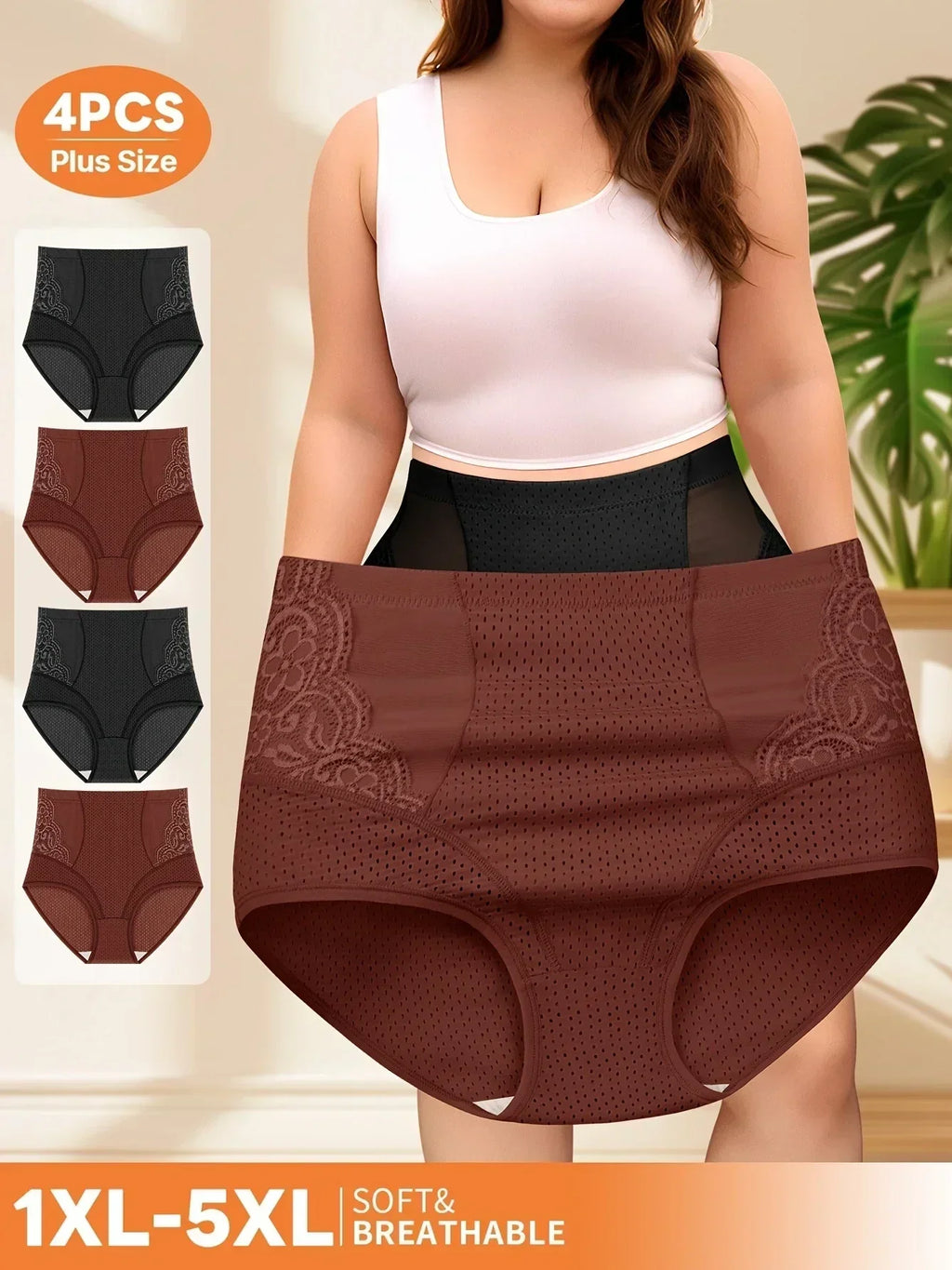 Lot de 4 culottes taille haute grande taille pour femmes - Maille respirante et dentelle, confort amélioré, culottes d'été respirantes noires.