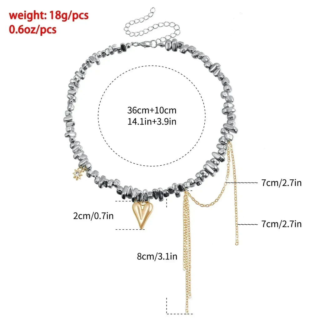 Collier Cœur Perlé Tendance pour Femmes Style Bohème Élégant Chaîne en Cristal Irrégulier Ras du Cou Y2K Exquis Cadeau de Fête Bijoux Accessoires