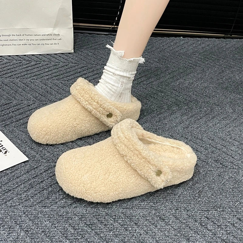 🩴 Pantoufles plates moelleuses en coton d'hiver à porter à l'extérieur