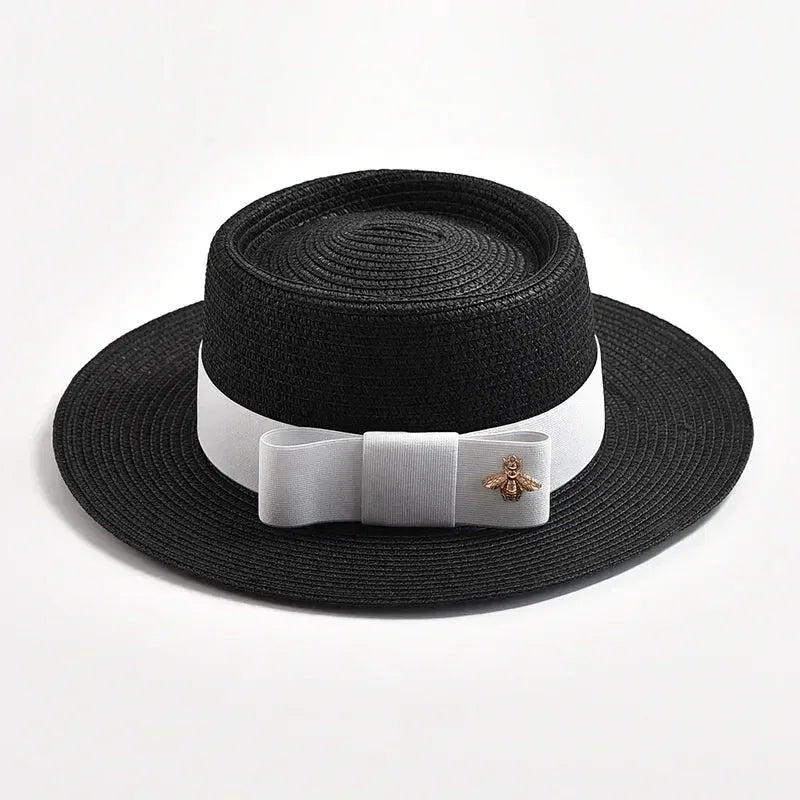 NOUVEAUX Chapeaux de paille Printemps Été pour femmes Surface ronde bosselée Dessus plat Nœud Papillon Robe Casquette Voyage Plage Soleil Chapeau Gorra