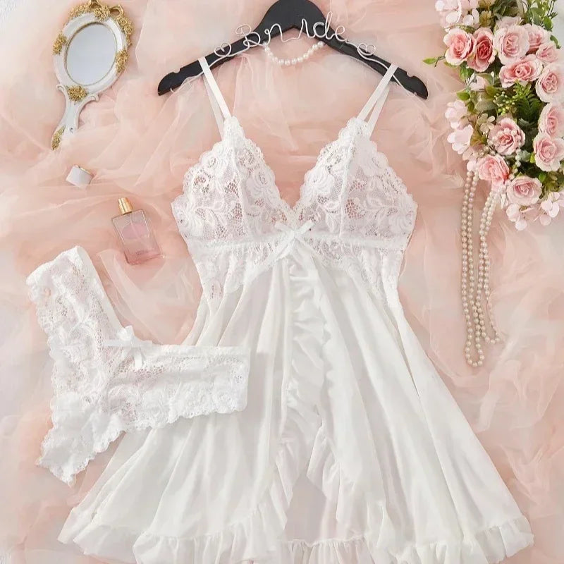 Ensemble de Lingerie Sexy Femme Soutien-gorge Érotique Chemise de Nuit Lingerie en Dentelle Sexy Vêtements de Nuit Couleur Unie Robes Fines et Douces Col en V Nuisette Complète et Robes