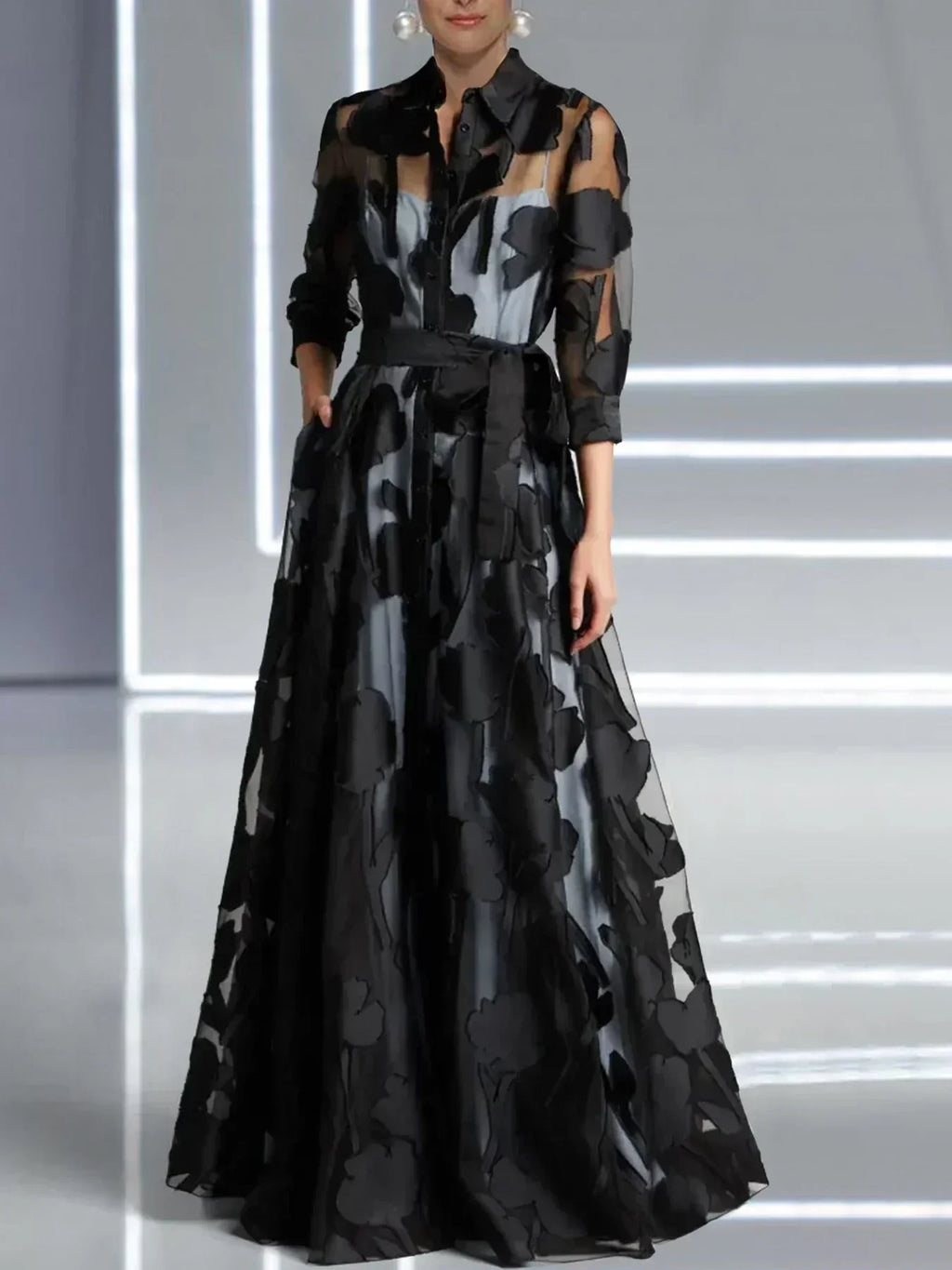 Élégante Robe Longue en Maille Jacquard Transparente à Manches Trois-Quarts et Nœud à la Taille sans Doublure pour Soirée Club Femme