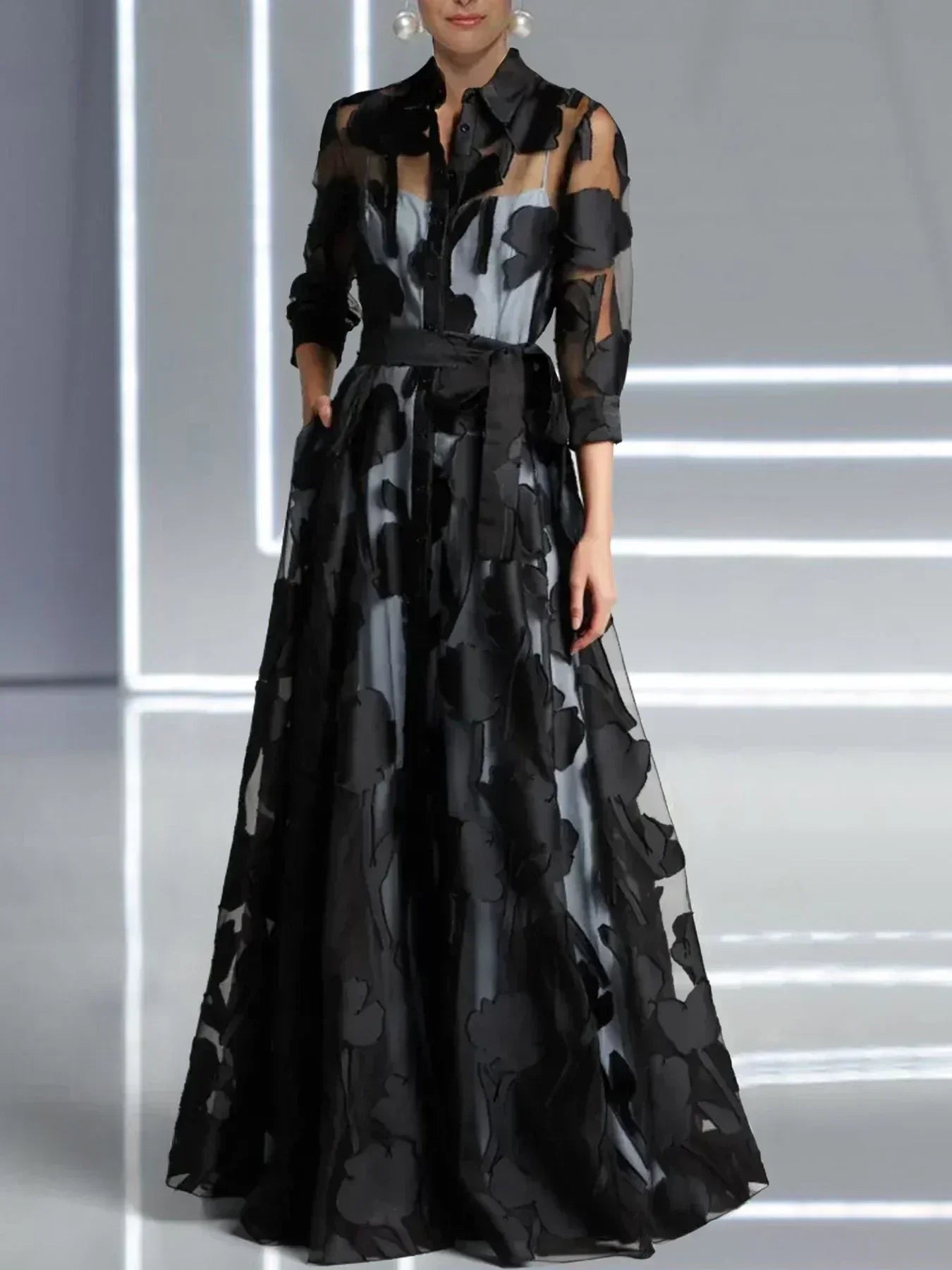 Élégante Robe Longue en Maille Jacquard Transparente à Manches Trois-Quarts et Nœud à la Taille sans Doublure pour Soirée Club Femme