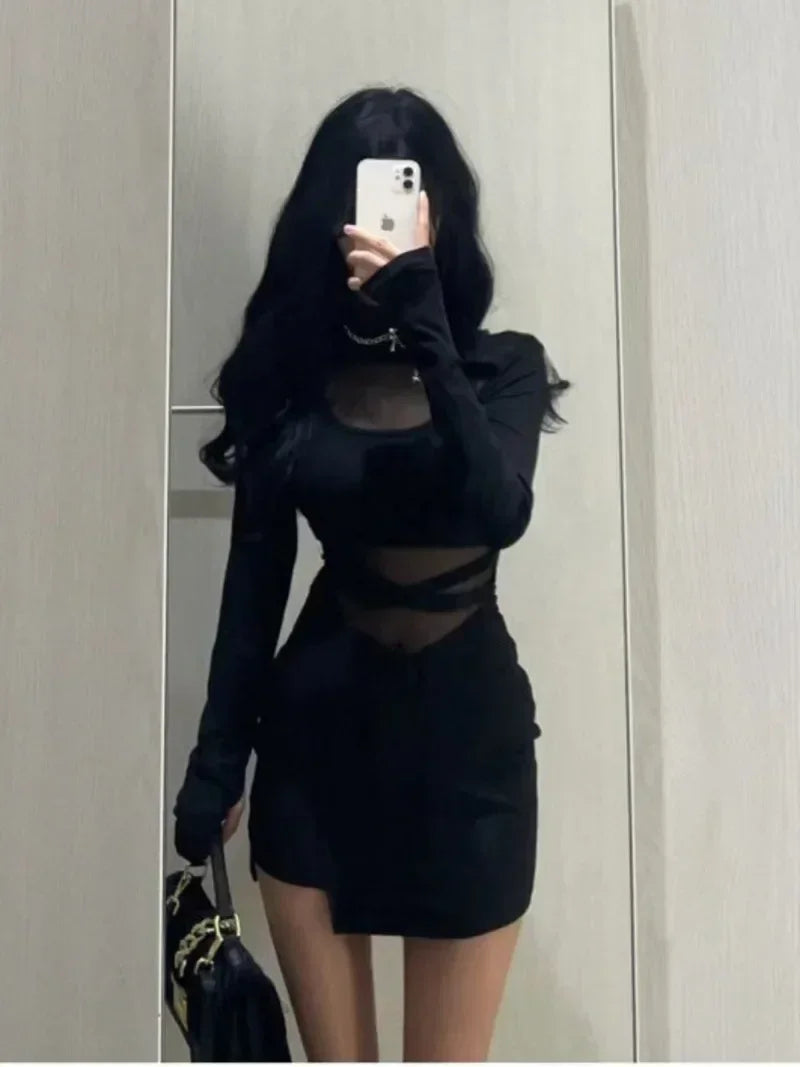 Robe trapue avec manches, nouvelle robe sexy noire à arêtes de poisson, robe moulante personnalisée pour femmes, gaze fine transparente enveloppant les fesses F8Q3