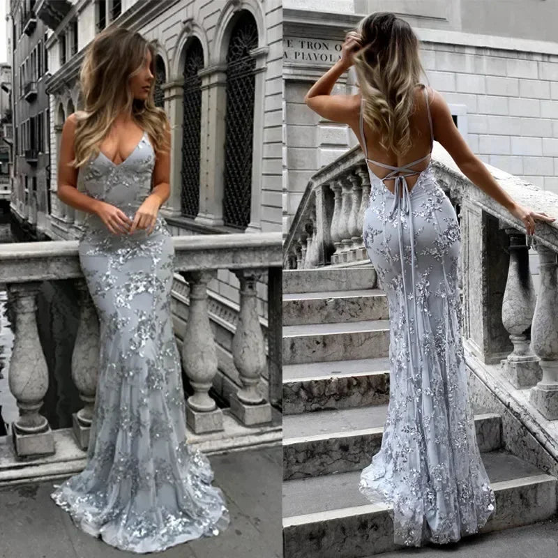 Robes pour femmes sans manches, col en V, pull, paillettes, robe de soirée, Vestidos, formelle, longueur ras du sol, sexy, cache-cœur, dos nu, slim