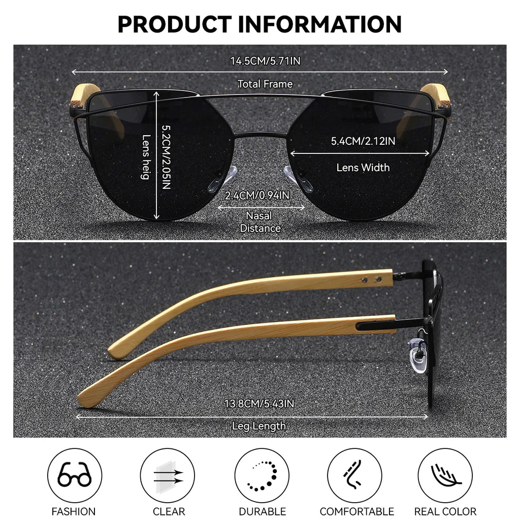 BARCUR Lunettes de soleil polarisées de luxe UV400 pour femme, œil de chat, branches en bambou, verres miroirs, présentées dans une boîte cadeau blanche pour l'été