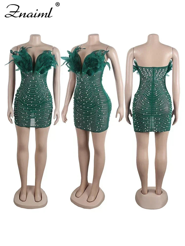 Znaiml Robes moulantes dos nu transparentes en maille diamantée avec strass et plumes sexy pour femme, boîte de nuit, fête d'anniversaire, soirée, Vestidos