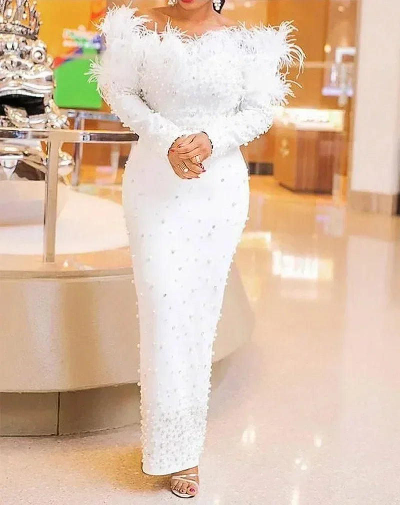 Robe Fourreau Sexy Perlée Femme Robe Midi Moulante Sexy Col Bateau Uni Taille Haute Tendance Robes de Soirée Fourreau Épaules Dénudées