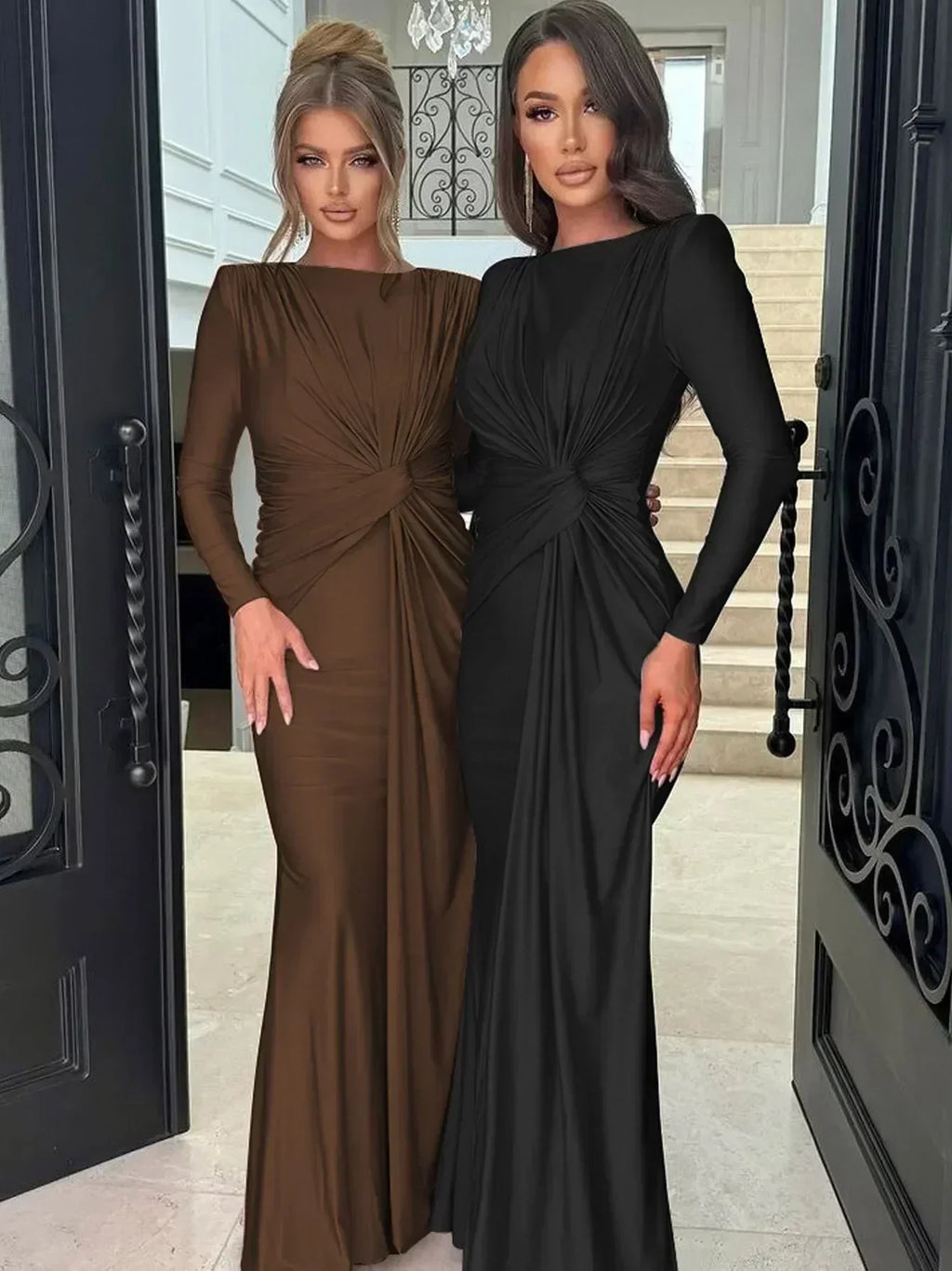 Robe longue Dulzura à manches longues et épaulettes, froncée, unie, élégante, pour bal de promo ou soirée, tenue d'automne et d'hiver pour femme