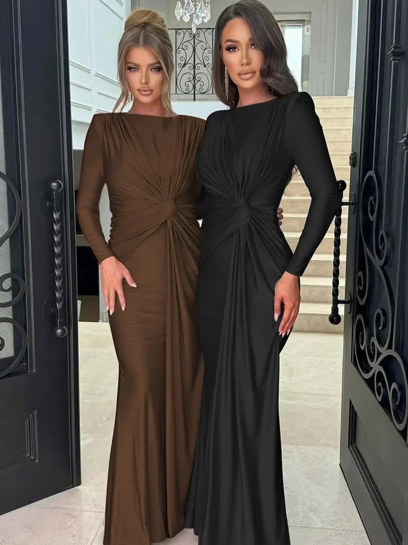 Robe longue Dulzura à manches longues et épaulettes, froncée, unie, élégante, pour bal de promo ou soirée, tenue d'automne et d'hiver pour femme