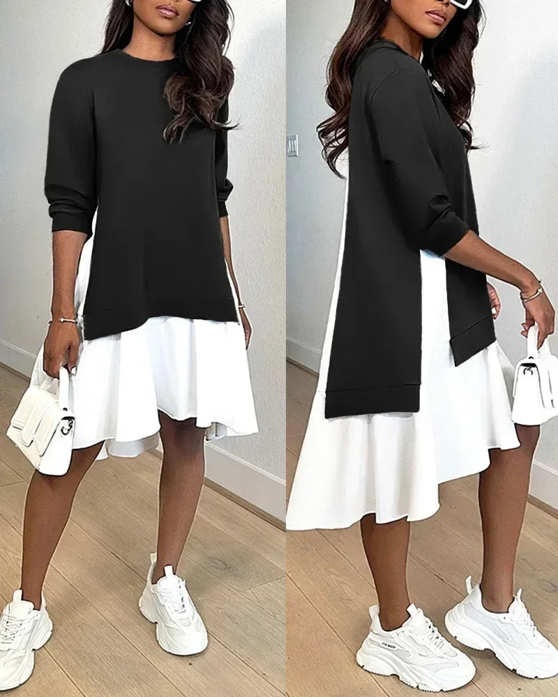 Printemps Femmes Col Rond Manches Longues Robe Mini Ample Automne Vintage Robes Sweatshirt Décontracté Mode Patchwork Volants Robe Trapèze