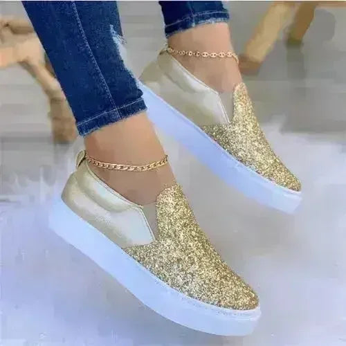 Mocassins Femme Plats en Cristal Loafers Or/Noir/Or Rose