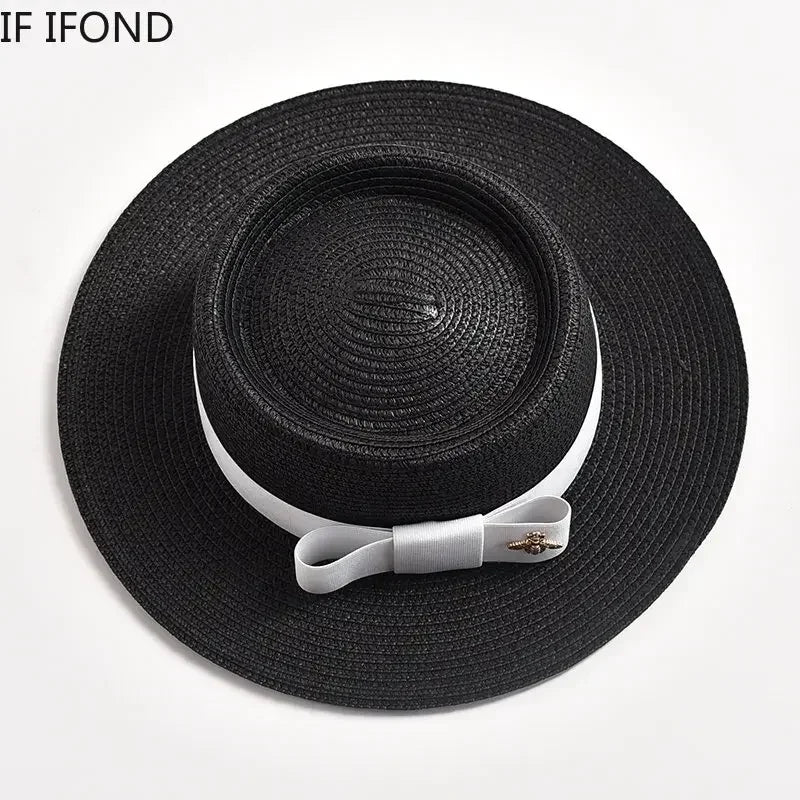 NOUVEAUX Chapeaux de paille Printemps Été pour femmes Surface ronde bosselée Dessus plat Nœud Papillon Robe Casquette Voyage Plage Soleil Chapeau Gorra