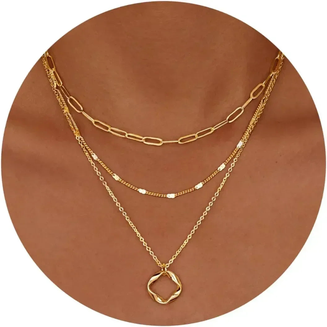 Colliers superposés en or pour femmes Collier empilable en plaqué or 14 carats et argent avec chaîne trombone et pendentif ras-du-cou pour femme