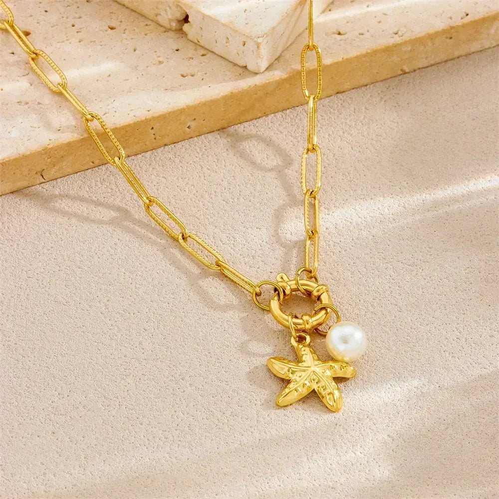 DIEYURO Collier pendentif étoile de mer perle en acier inoxydable 316L doré style océanique, nouveau bijou de chaîne de cou pour femme, cadeau d'été sur la plage