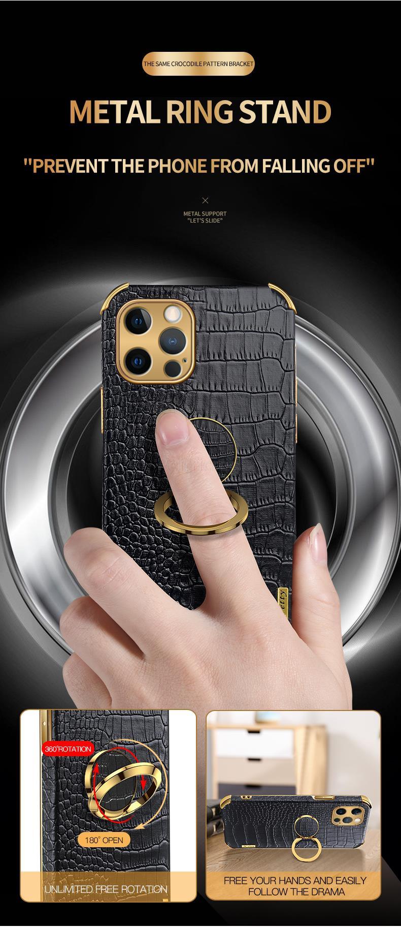 Étui en cuir de crocodile pour iPhone 13 12 Mini antichoc support magnétique à anneau coque de téléphone ultra-mince en cuir de crocodile souple pare-chocs antichoc avec support à anneau housse de protection pour iPhone