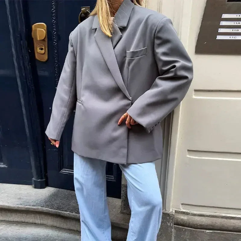 Veste de costume col V boutonnée sur le côté pour femme Manches longues couleur unie Manteaux Poignets poches Hauts oversize Vêtements féminins style urbain