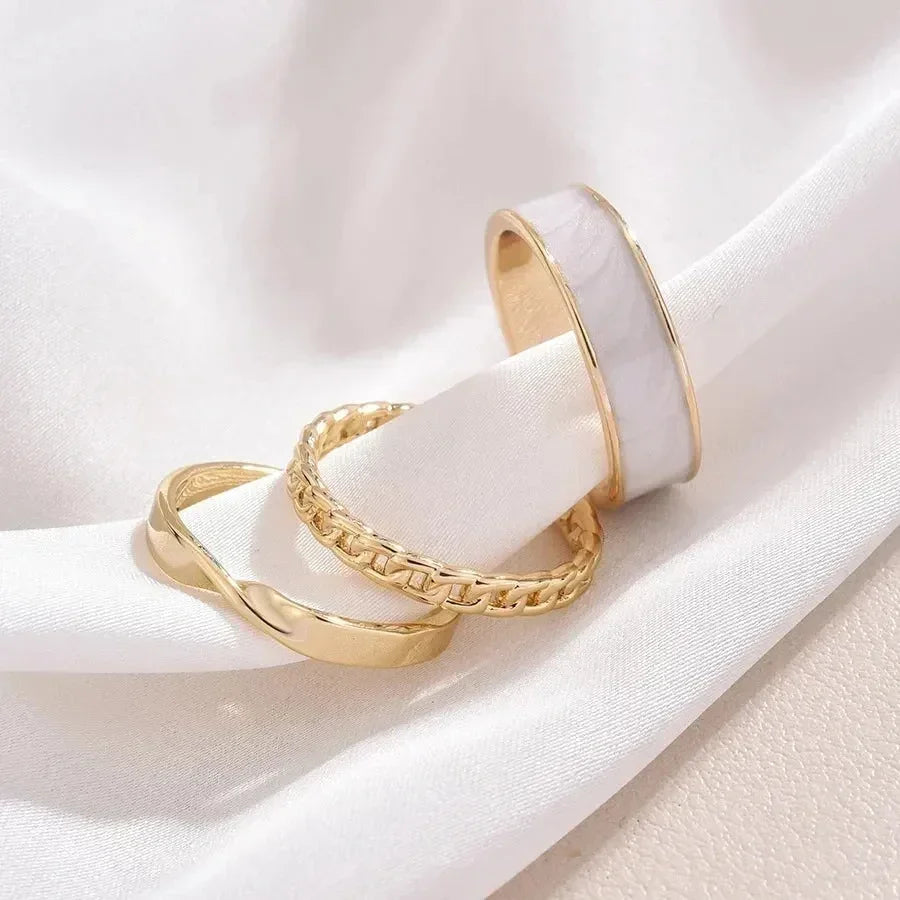 Lot de 3 Bagues Ouvertes Réglables pour Femmes, Émail Blanc Vert Torsadé Tressé Géométrique, Set de Bagues Tendance, Bijoux Punk Personnalisés