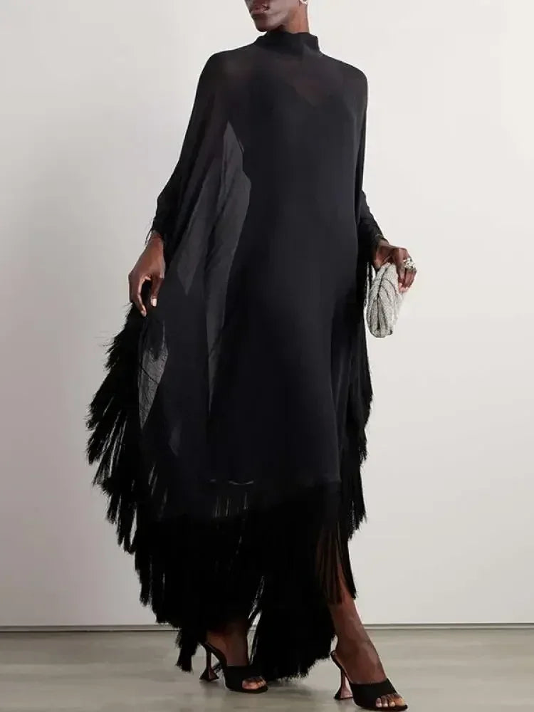 Yeezzi 2025 Nouvelle Mode Printemps Robes de Soirée Transparentes à Franges Femme Manches Chauve-Souris Couleur Unie Col Montant Ensemble Deux Pièces Robe