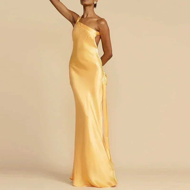Robe de soirée sexy printemps 2024, épaule inclinée, taille haute, en satin, style bohème, longue, pour femme, dos nu, creuse, avec bandage, maxi