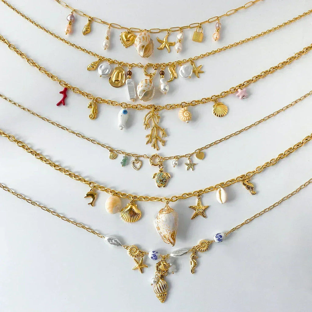 Collier pendentif conque Zora style vacances d'été colorées, pour femme, en acier inoxydable plaqué or 18 carats, multi-breloques, bijoux de mode