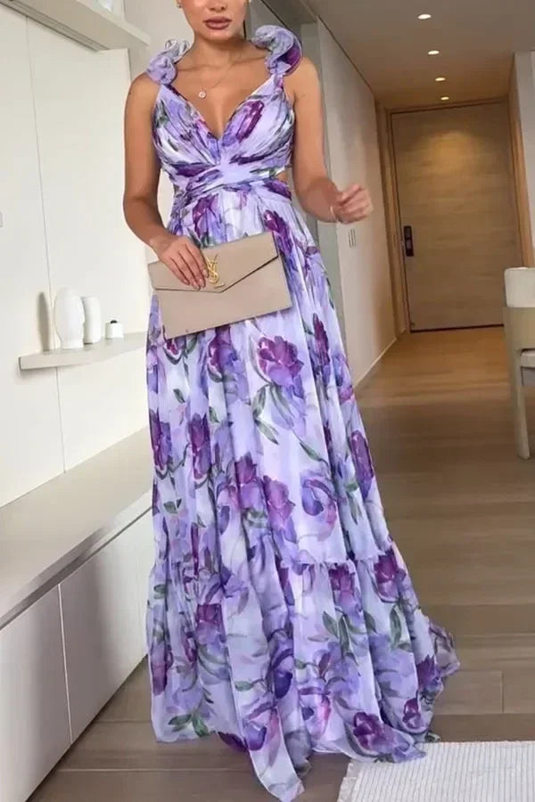 Robe longue en mousseline de soie imprimée sexy 2025, mode estivale, élégante, col en V, volants, coupe ajustée, sans manches, dos nu, robes de soirée pour les vacances