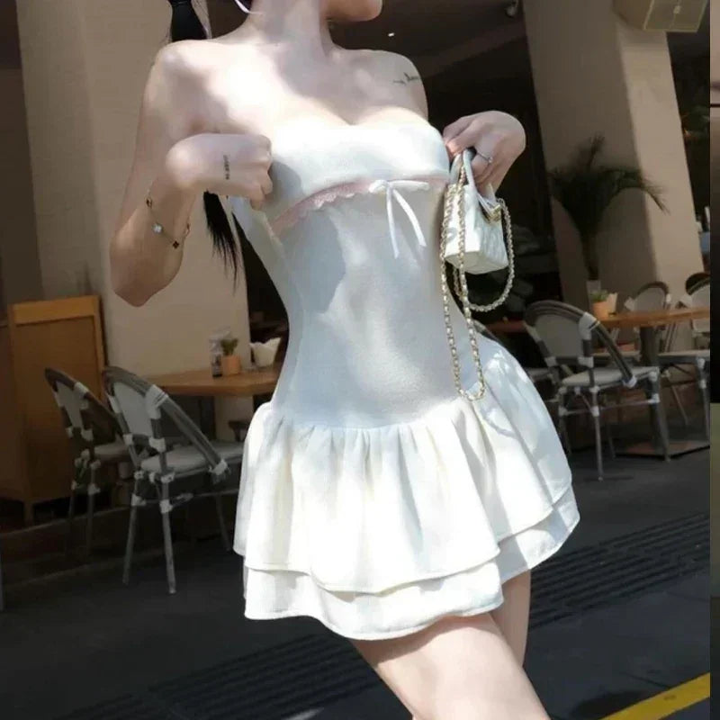 WhereMery Robe mini-robe coréenne sexy Y2K sans manches avec nœud en dentelle, décontractée, pour l'été, robe débardeur, pour discothèque, fête, soirée