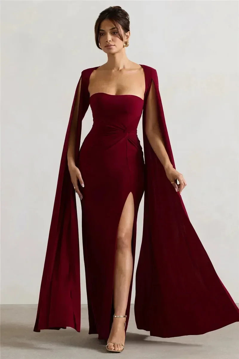 Mozision Robe longue fendue à manches cape pour femme, élégante robe de soirée longue à col carré, couleur unie, nouvelle collection