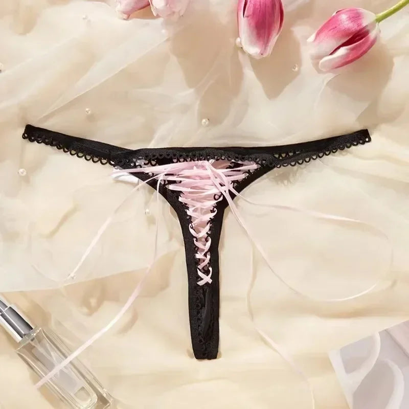 Dames Super Sexy String Lacé Lingerie Noir Bretelle Bordure Crochet Rose Bandage String Lacé Culotte Sexy Ouvert Érotique G-Strings