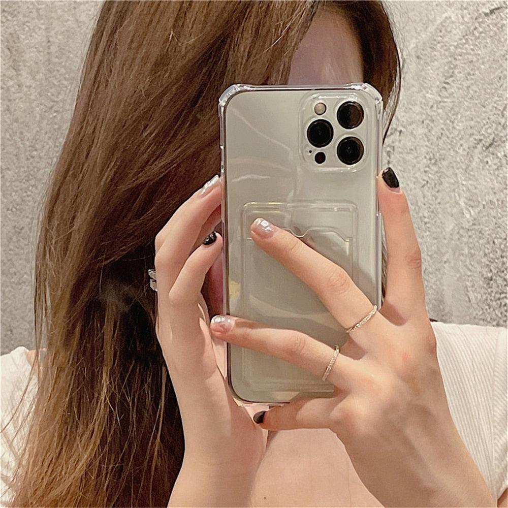 Étui transparent porte-cartes pour iPhone 13 11 12 14 Pro Max Mini Coque souple antichoc transparente avec porte-cartes Étui de téléphone transparent avec porte-cartes Coque fine de protection souple antichoc avec porte-cartes