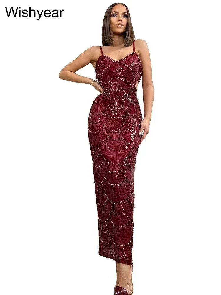Nouvelles robes longues sirène dos nu à fines bretelles et à paillettes pour femmes, élégantes, pour soirées de célébrités, mariages, robes moulantes