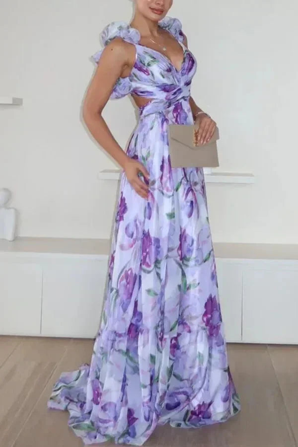 Robe longue en mousseline de soie imprimée sexy 2025, mode estivale, élégante, col en V, volants, coupe ajustée, sans manches, dos nu, robes de soirée pour les vacances