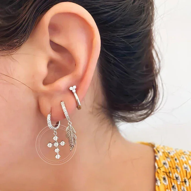 Boucles d'oreilles créoles tendance en argent sterling 925 avec aiguille d'oreille en cristal blanc de luxe pour femme, cadeau de bijoux de mariage
