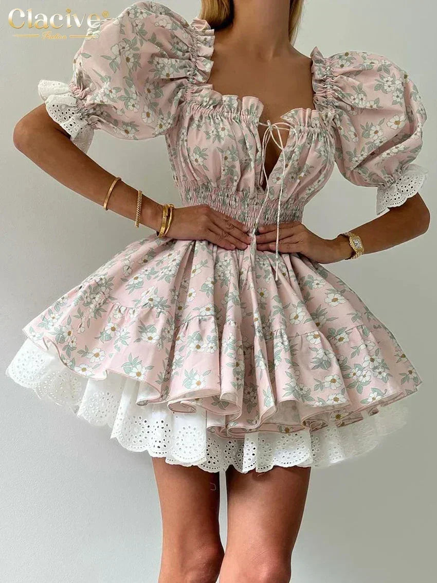 Clacive Robe d'été mince imprimée pour femme, à la mode, col slash, manches courtes, mini robes élégantes, taille haute, patchwork, robe féminine